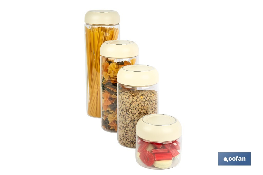 Bote de cocina de vidrio borosilicato | Tapa beige | Cierre a presión | Capacidad: 1,3 litros | Almacenaje de alimentos | Medidas: Ø10 x 23 cm - Cofan