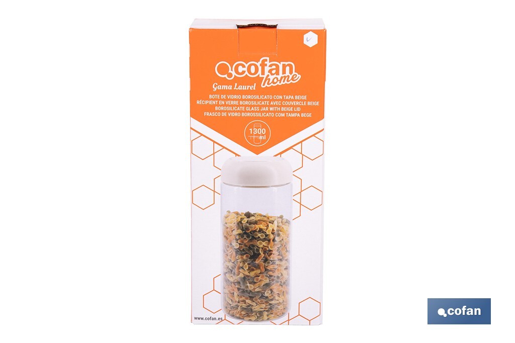Bote de cocina de vidrio borosilicato | Tapa beige | Cierre a presión | Capacidad: 1,3 litros | Almacenaje de alimentos | Medidas: Ø10 x 23 cm - Cofan