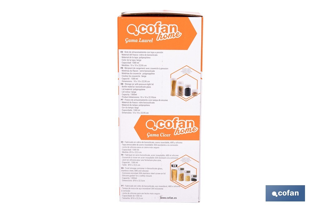 Bote de cocina de vidrio borosilicato | Tapa beige | Cierre a presión | Capacidad: 1,3 litros | Almacenaje de alimentos | Medidas: Ø10 x 23 cm - Cofan
