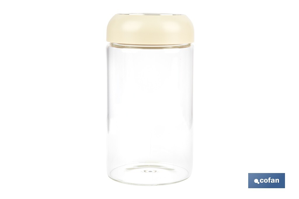 Bote de cocina de vidrio borosilicato | Tapa beige | Cierre a presión | Capacidad: 1 litro | Almacenaje de alimentos | Medidas: Ø10 x 18,6 cm - Cofan