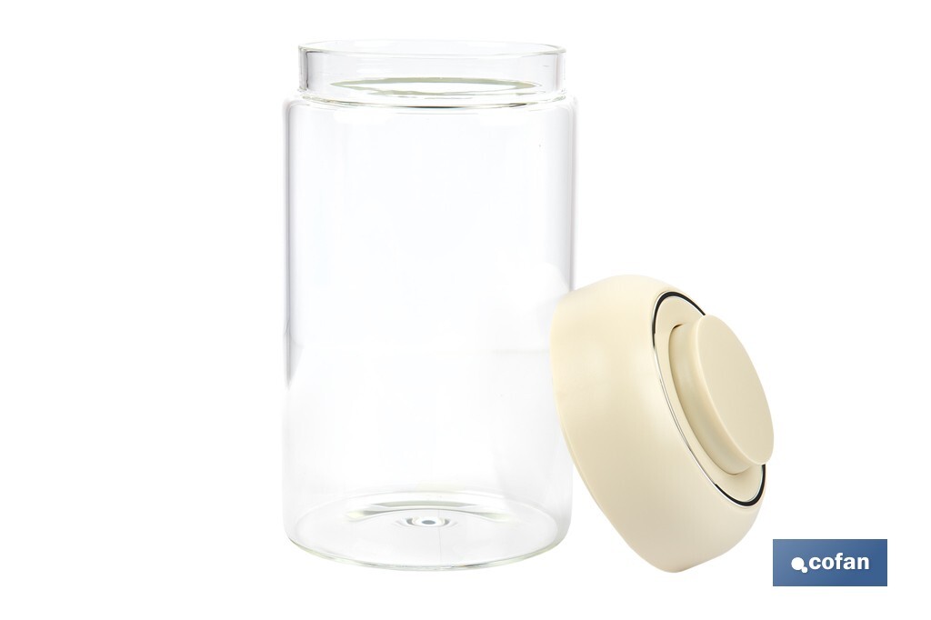 Bote de cocina de vidrio borosilicato | Tapa beige | Cierre a presión | Capacidad: 1 litro | Almacenaje de alimentos | Medidas: Ø10 x 18,6 cm - Cofan