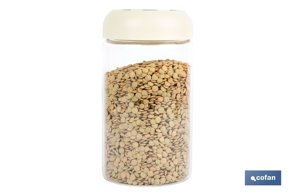 Bote de cocina de vidrio borosilicato | Tapa beige | Cierre a presión | Capacidad: 1 litro | Almacenaje de alimentos | Medidas: Ø10 x 18,6 cm - Cofan