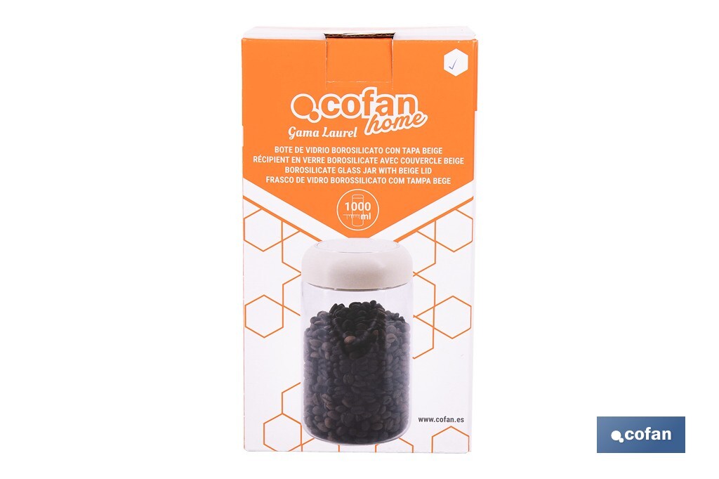 Bote de cocina de vidrio borosilicato | Tapa beige | Cierre a presión | Capacidad: 1 litro | Almacenaje de alimentos | Medidas: Ø10 x 18,6 cm - Cofan