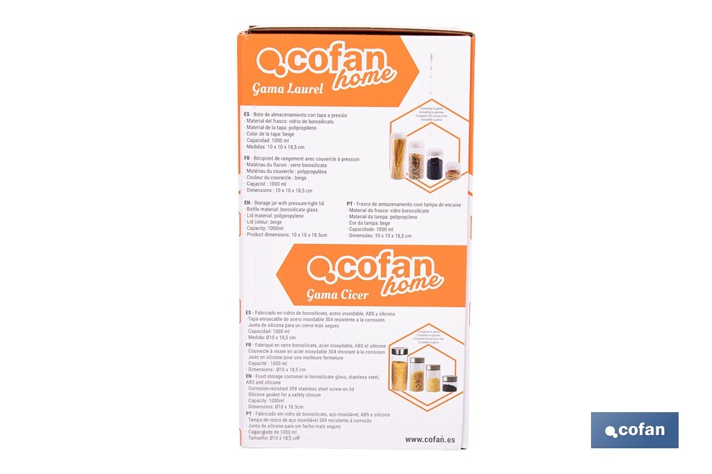 Bote de cocina de vidrio borosilicato | Tapa beige | Cierre a presión | Capacidad: 1 litro | Almacenaje de alimentos | Medidas: Ø10 x 18,6 cm - Cofan