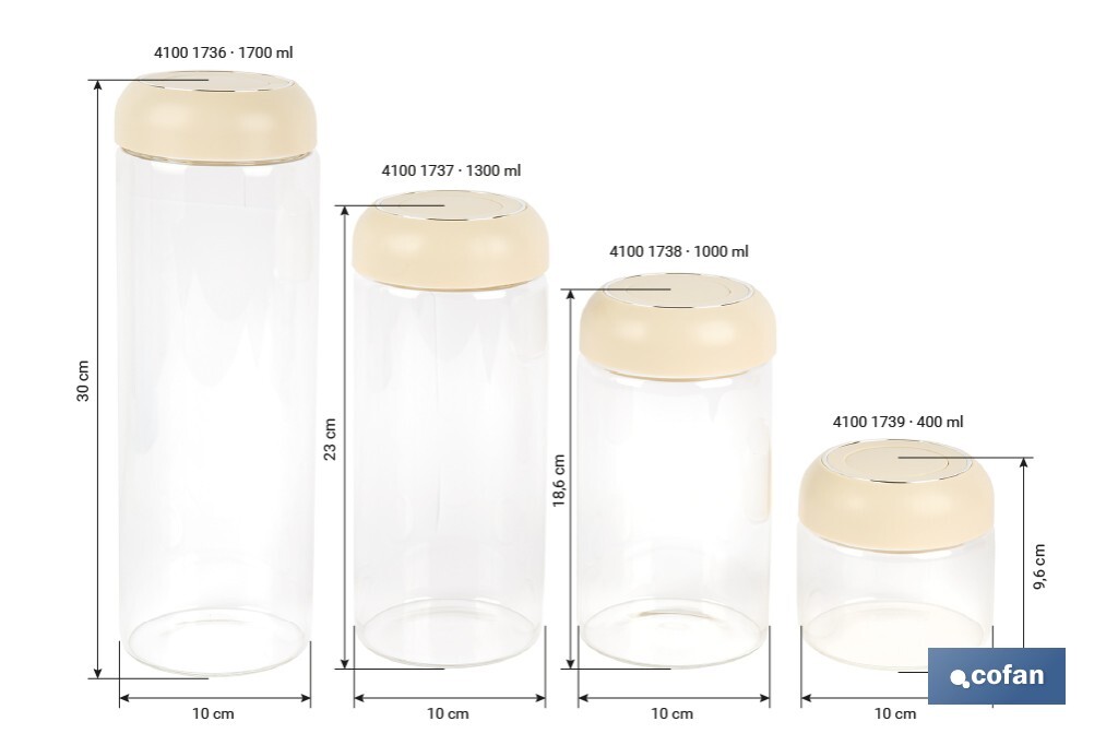 Bote de cocina de vidrio borosilicato | Tapa beige | Cierre a presión | Capacidad: 1,7 l | Almacenaje de alimentos | Medidas: Ø10 x 30 cm - Cofan