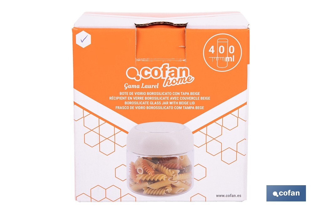 Bote de cocina de vidrio borosilicato | Tapa beige | Cierre a presión | Capacidad: 400 ml | Almacenaje de alimentos | Medidas: Ø10 x 9,6 cm - Cofan