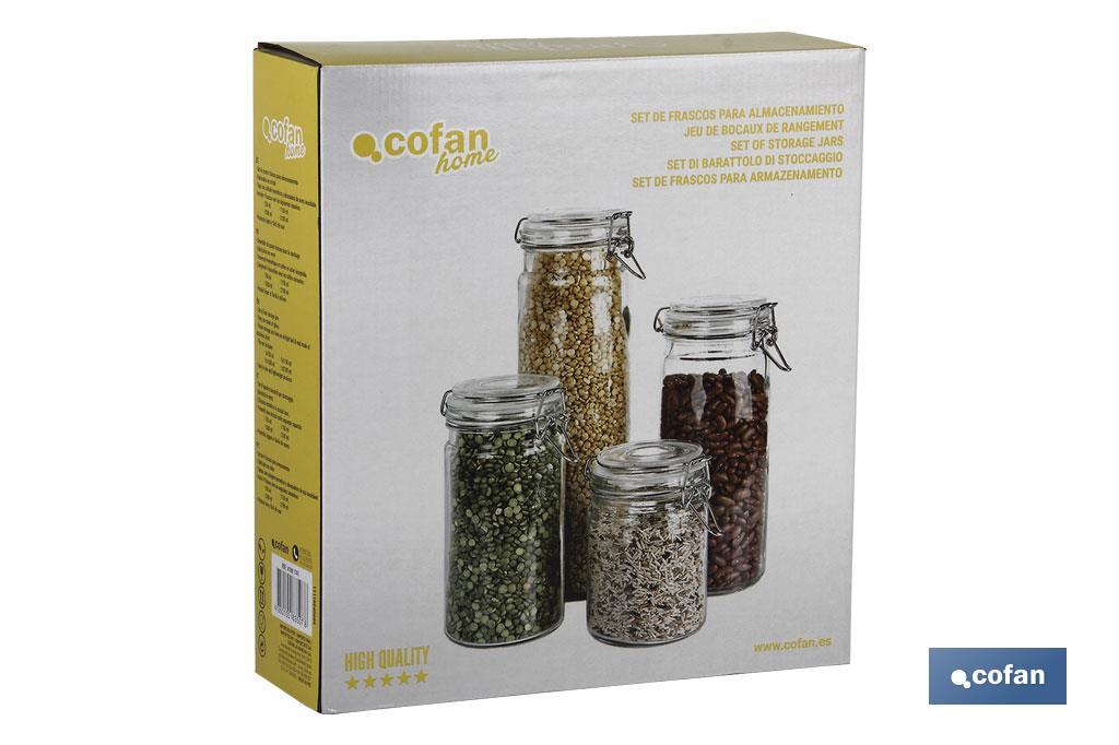 Set de 4 Frascos de Vidrio | Para Almacenamiento | Capacidad de 750 - 1150 - 1500 - 2100 ml - Cofan