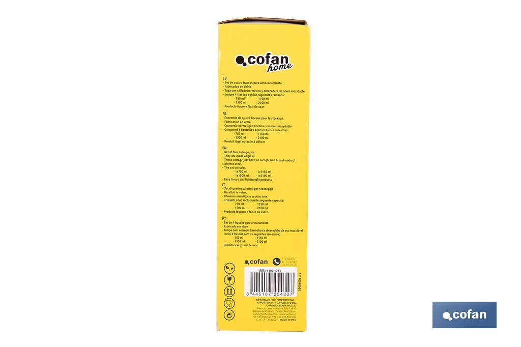 Set da 4 barattoli di vetro | Per la conservazione di alimenti | Capacità: 750 - 1150 - 1500 - 2100 ml - Cofan