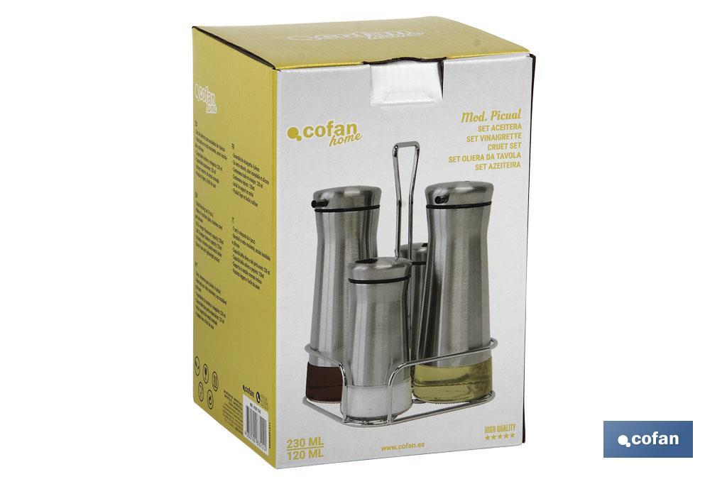 Set de aceiteras de 4 piezas | Capacidad: 2 piezas de 230 ml y 2 piezas de 120 ml | Acero Inoxidable - Cofan