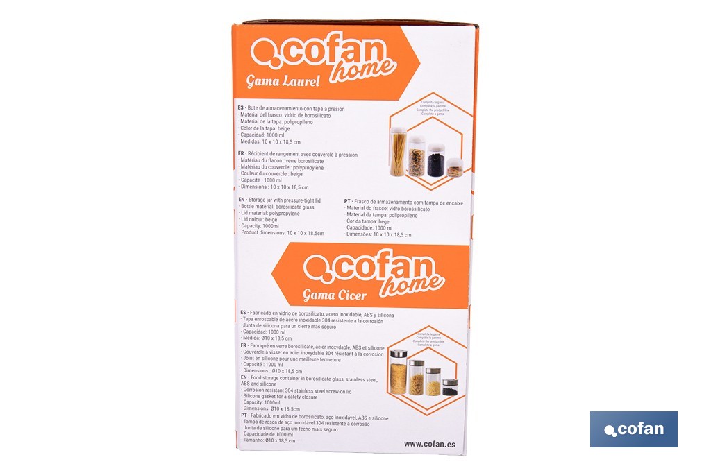 Bocal en verre borosilicate | Contenance de 550 ml jusqu'à 1900 ml | Convient pour un usage alimentaire - Cofan
