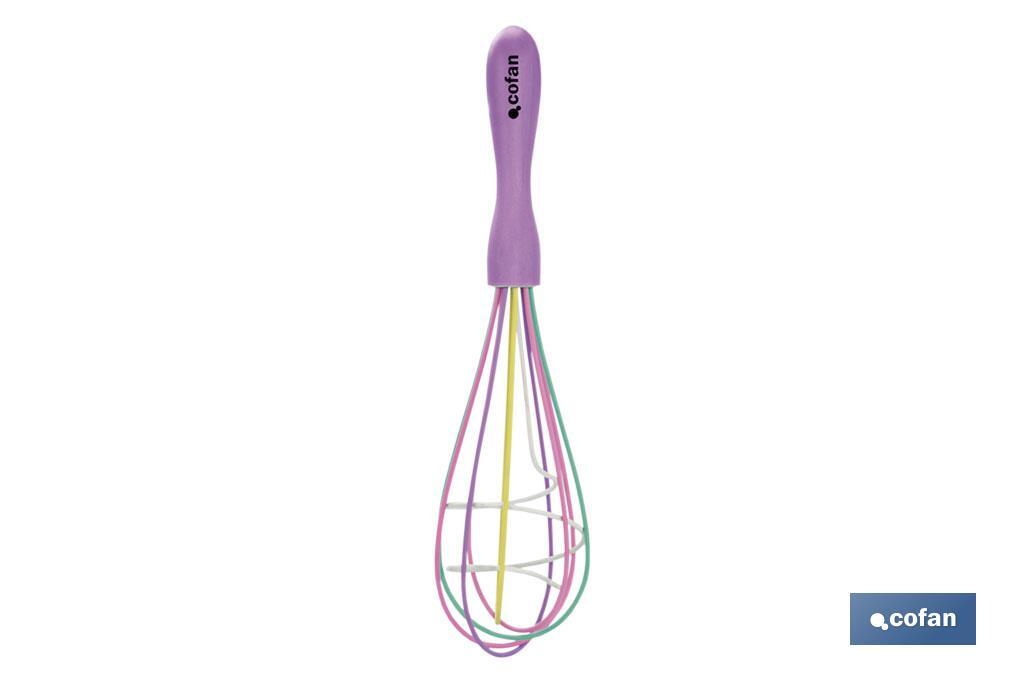 Polypropylene manual whisk | Vergini Model | Purple handle and multicoloured balloon whisk | 25cm in length - Cofan