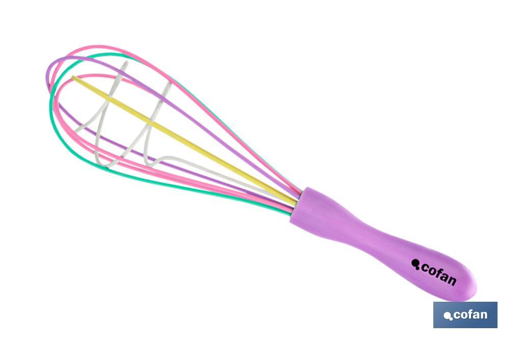 Polypropylene manual whisk | Vergini Model | Purple handle and multicoloured balloon whisk | 25cm in length - Cofan