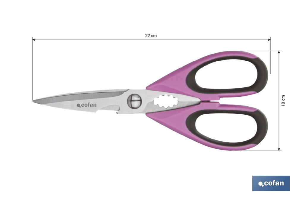 Ciseaux Multi-usages | Fabriqués en Acier Inox. | Modèle Sena | Couleur Vert Clair ou Violet | Longueur 22 cm - Cofan