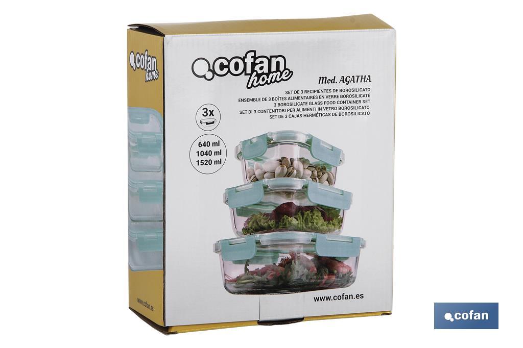 Set de 3 Fiambreras Rectangulares de Borosilicato | Modelo Aghata | Capacidad 640-1040-1520 ml - Cofan