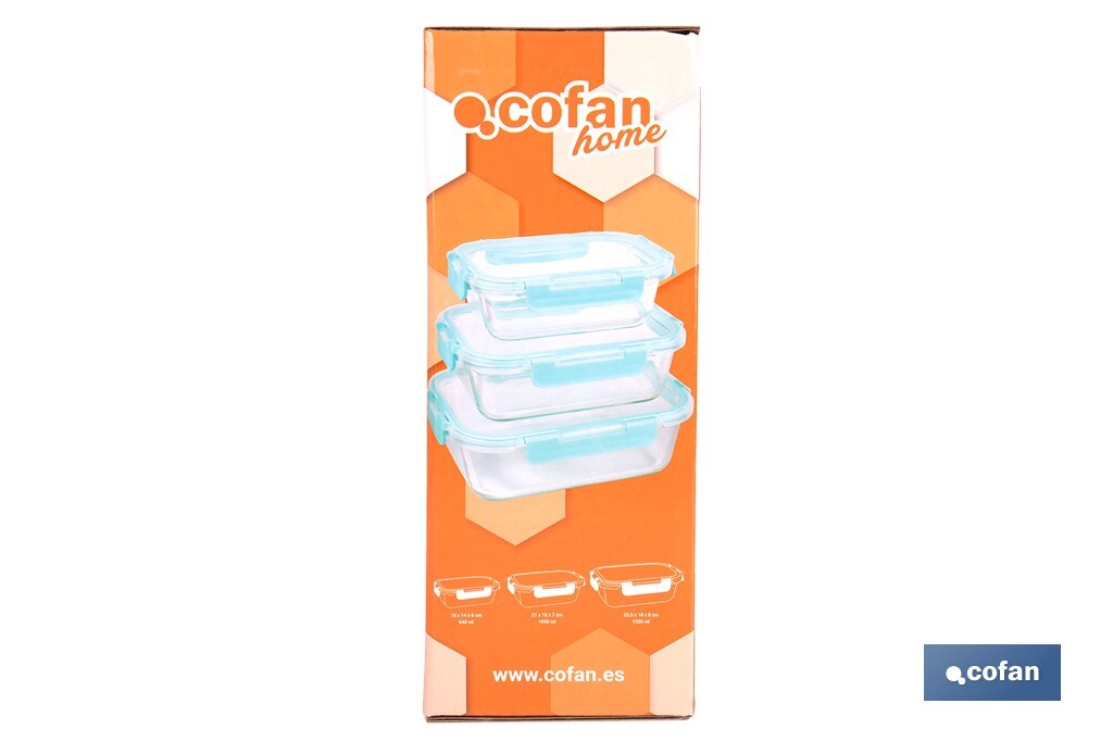 Set de 3 Boîtes à Lunch Rectangulaires en Borosilicate | Modèle Aghata | Contenance 640-1040-1520 ml - Cofan