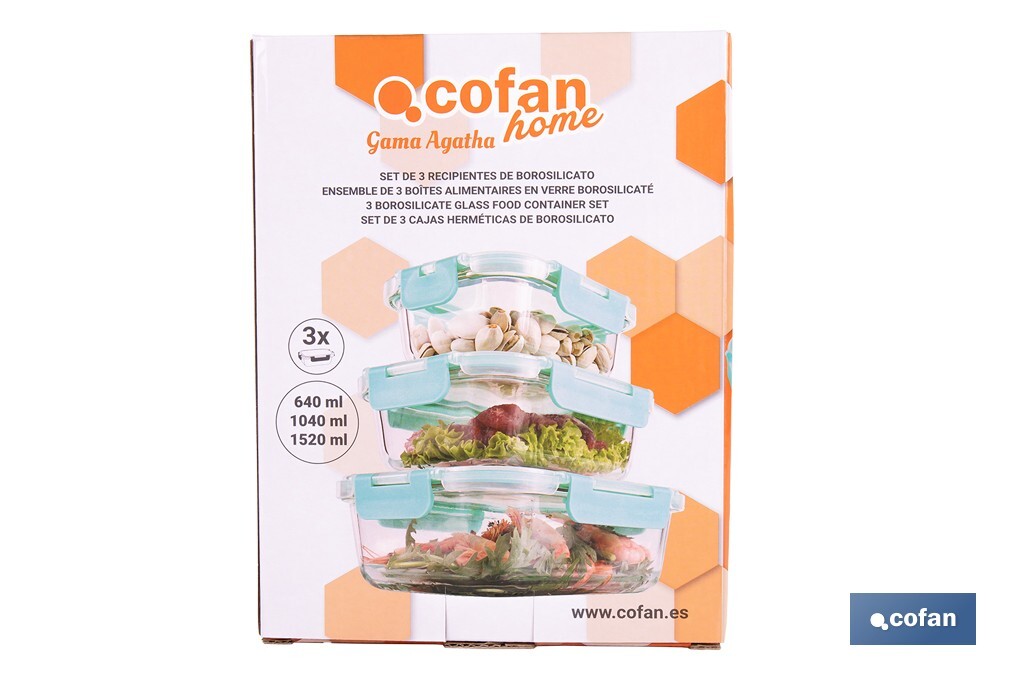Set de 3 Boîtes à Lunch Rectangulaires en Borosilicate | Modèle Aghata | Contenance 640-1040-1520 ml - Cofan