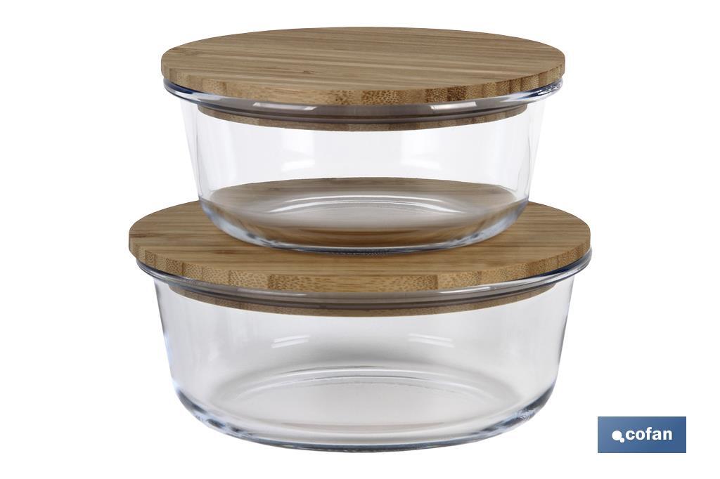 Set de 2 Boîtes à Lunch Rondes en Borosilicate | Modèle Bambú | Couvercle en Bambou | Contenance 620-950 ml - Cofan