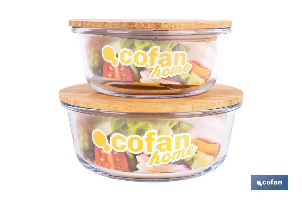 Set de 2 Boîtes à Lunch Rondes en Borosilicate | Modèle Bambú | Couvercle en Bambou | Contenance 620-950 ml - Cofan