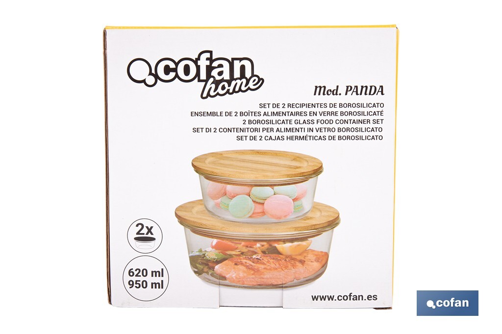 Set de 2 Boîtes à Lunch Rondes en Borosilicate | Modèle Bambú | Couvercle en Bambou | Contenance 620-950 ml - Cofan