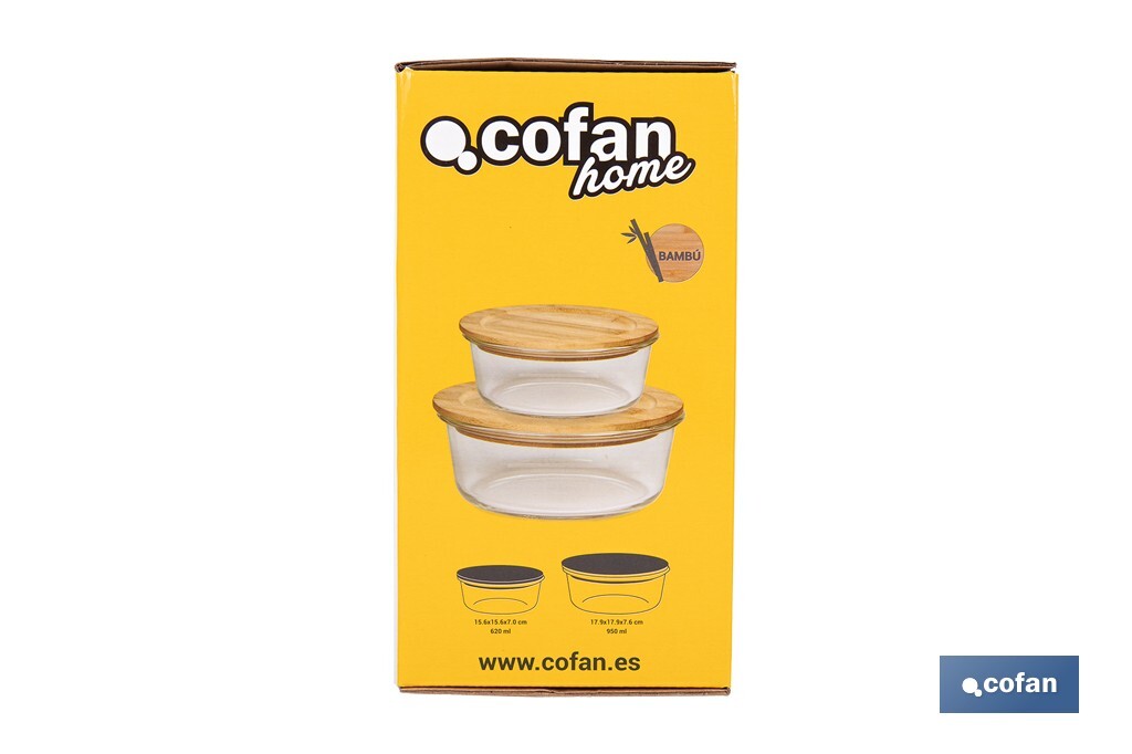 Set de 2 Boîtes à Lunch Rondes en Borosilicate | Modèle Bambú | Couvercle en Bambou | Contenance 620-950 ml - Cofan
