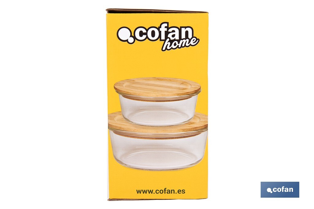 Set de 2 Boîtes à Lunch Rondes en Borosilicate | Modèle Bambú | Couvercle en Bambou | Contenance 620-950 ml - Cofan