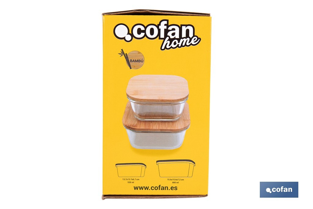 Set de 2 Boîtes à Lunch Carrées en Borosilicate | Modèle Bambú | Couvercle en Bambou | Contenance 520-800 ml - Cofan