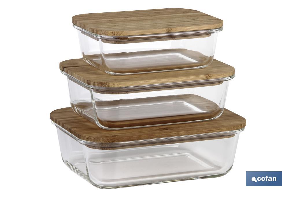 Set de 3 Fiambreras Rectangulares de Borosilicato | Modelo Bambú | Tapa de Bambú | Capacidad 640-1040-1520 ml - Cofan