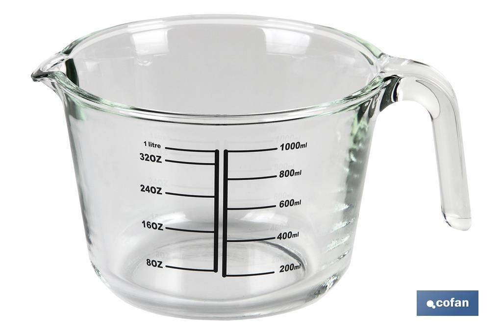 Caraffa graduata di vetro borosilicato | Modello Baritina | Capacità: 1 L | Per microonde, forno e congelatore - Cofan
