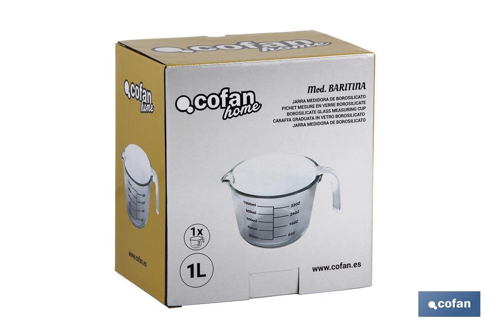 Jarra Medidora de Borosilicato | Modelo Baritina | Capacidad 1 L | Apta para microondas, Horno y Congelador - Cofan