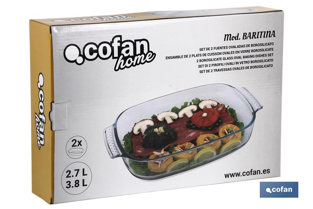 Set de 2 Plats Ovales Modèle Baritina | Fabriqués en Verre Borosilicate | Capacité : 2700 ml - 3800 ml - Cofan