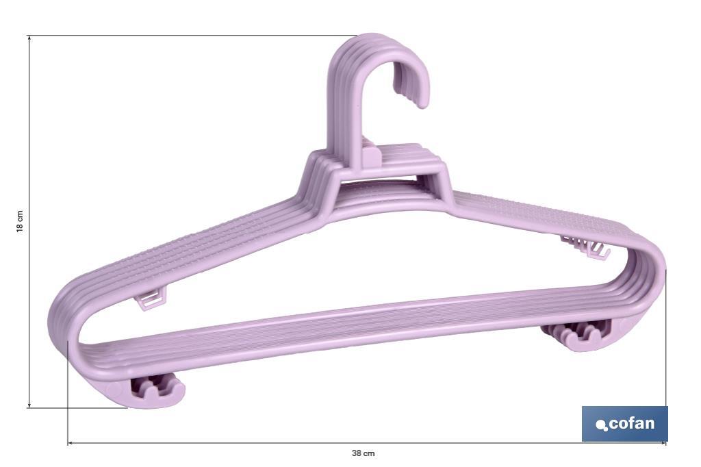 Pack de 6 cintres en plastique pour vêtements | Antidérapants | En plusieurs Couleurs | Dimensions 38 x 18 cm - Cofan