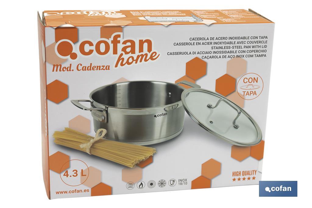 Stainless-steel pots | Available in different capacities | Lid included | Cadenza Model - Cofan