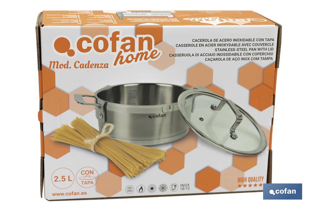 Stainless-steel pots | Available in different capacities | Lid included | Cadenza Model - Cofan