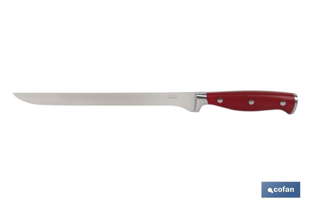 Couteau à Jambon et à Saumon avec Forgeage Français | En Couleur Rouge | Dimension de la lame de 25 cm - Cofan