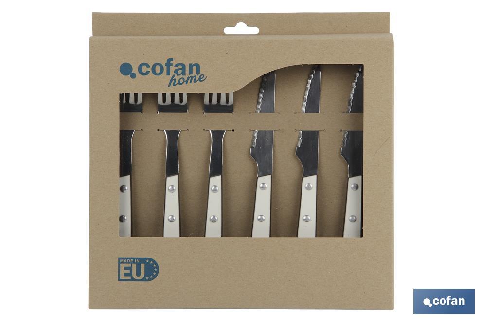 Pack de 3 Couteaux + 3 Fourchettes à Steak | Couleur Blanche | Lame en Acier Inox | Lame de 110 mm - Cofan