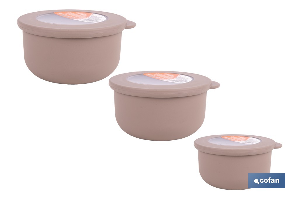 Set of 3 round food containers with lid | Capacity: 100 ml, 250 ml, 500 ml | Material: PP + TPE | Assorted colours: grey, brown or white - Cofan