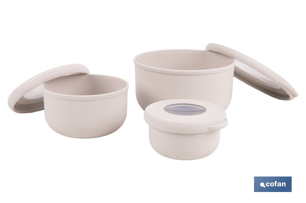 Set of 3 round food containers with lid | Capacity: 100 ml, 250 ml, 500 ml | Material: PP + TPE | Assorted colours: grey, brown or white - Cofan