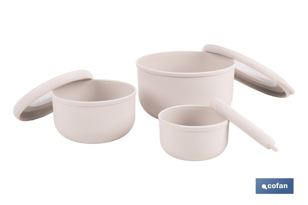 Set of 3 round food containers with lid | Capacity: 100 ml, 250 ml, 500 ml | Material: PP + TPE | Assorted colours: grey, brown or white - Cofan