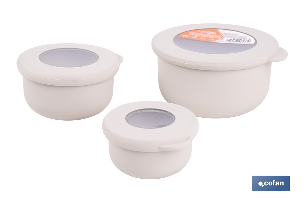 Set of 3 round food containers with lid | Capacity: 100 ml, 250 ml, 500 ml | Material: PP + TPE | Assorted colours: grey, brown or white - Cofan