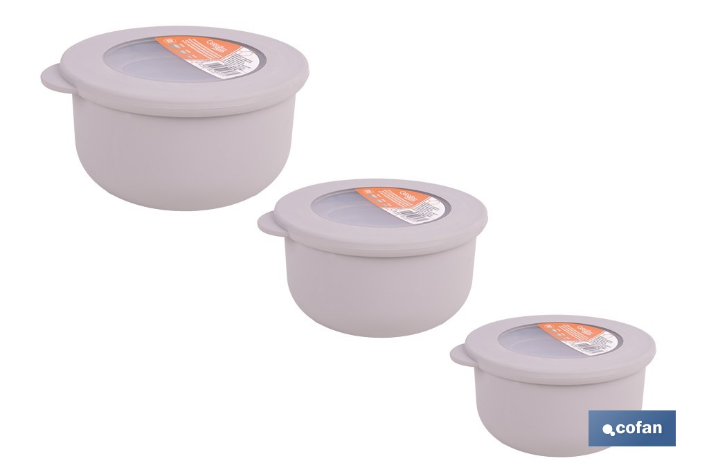 Set of 3 round food containers with lid | Capacity: 100 ml, 250 ml, 500 ml | Material: PP + TPE | Assorted colours: grey, brown or white - Cofan