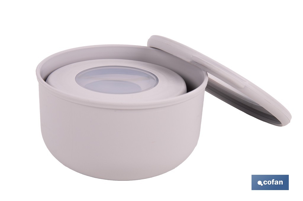Set of 3 round food containers with lid | Capacity: 100 ml, 250 ml, 500 ml | Material: PP + TPE | Assorted colours: grey, brown or white - Cofan