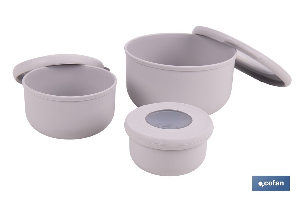 Set of 3 round food containers with lid | Capacity: 100 ml, 250 ml, 500 ml | Material: PP + TPE | Assorted colours: grey, brown or white - Cofan