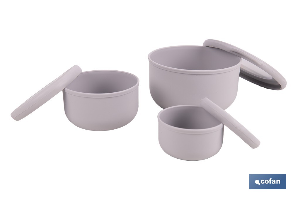 Set of 3 round food containers with lid | Capacity: 100 ml, 250 ml, 500 ml | Material: PP + TPE | Assorted colours: grey, brown or white - Cofan