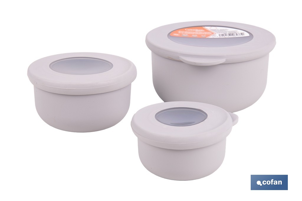 Set of 3 round food containers with lid | Capacity: 100 ml, 250 ml, 500 ml | Material: PP + TPE | Assorted colours: grey, brown or white - Cofan