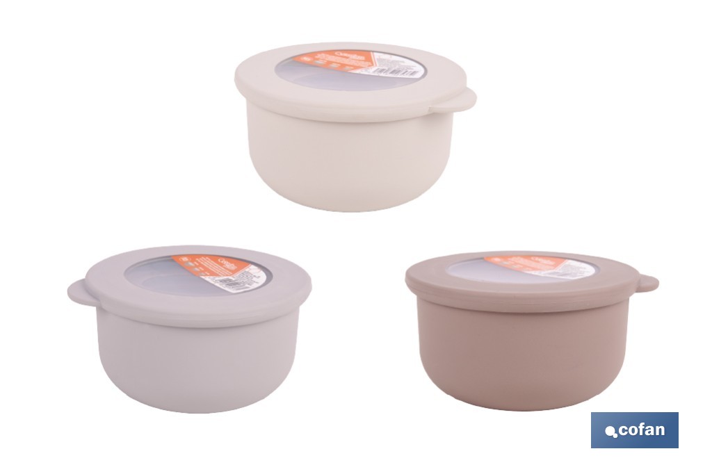 Set of 3 round food containers with lid | Capacity: 100 ml, 250 ml, 500 ml | Material: PP + TPE | Assorted colours: grey, brown or white - Cofan