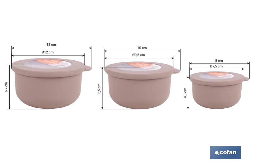 Set of 3 round food containers with lid | Capacity: 100 ml, 250 ml, 500 ml | Material: PP + TPE | Assorted colours: grey, brown or white - Cofan