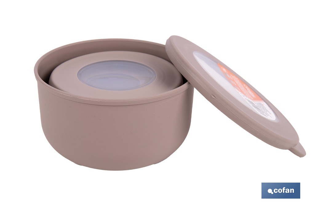 Set of 3 round food containers with lid | Capacity: 100 ml, 250 ml, 500 ml | Material: PP + TPE | Assorted colours: grey, brown or white - Cofan