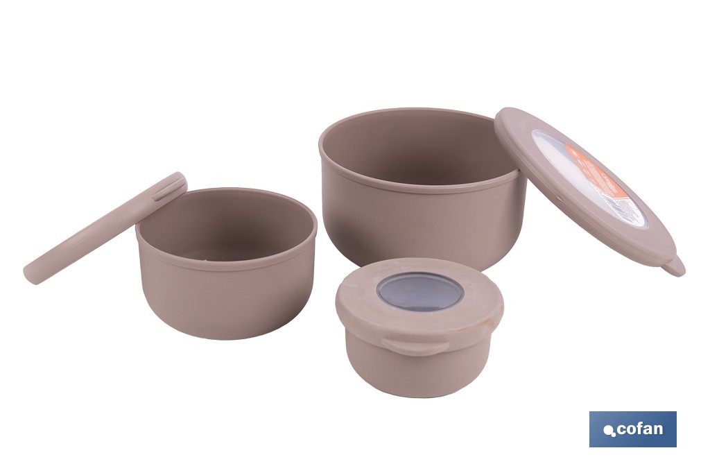 Set of 3 round food containers with lid | Capacity: 100 ml, 250 ml, 500 ml | Material: PP + TPE | Assorted colours: grey, brown or white - Cofan