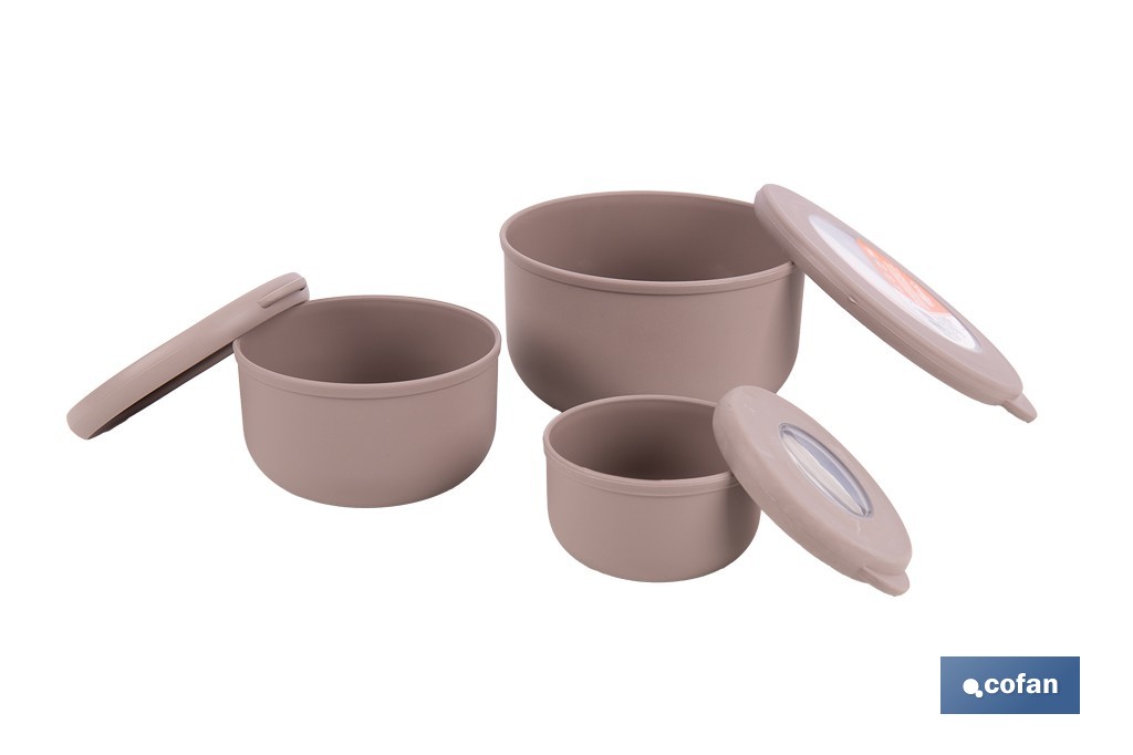 Set of 3 round food containers with lid | Capacity: 100 ml, 250 ml, 500 ml | Material: PP + TPE | Assorted colours: grey, brown or white - Cofan