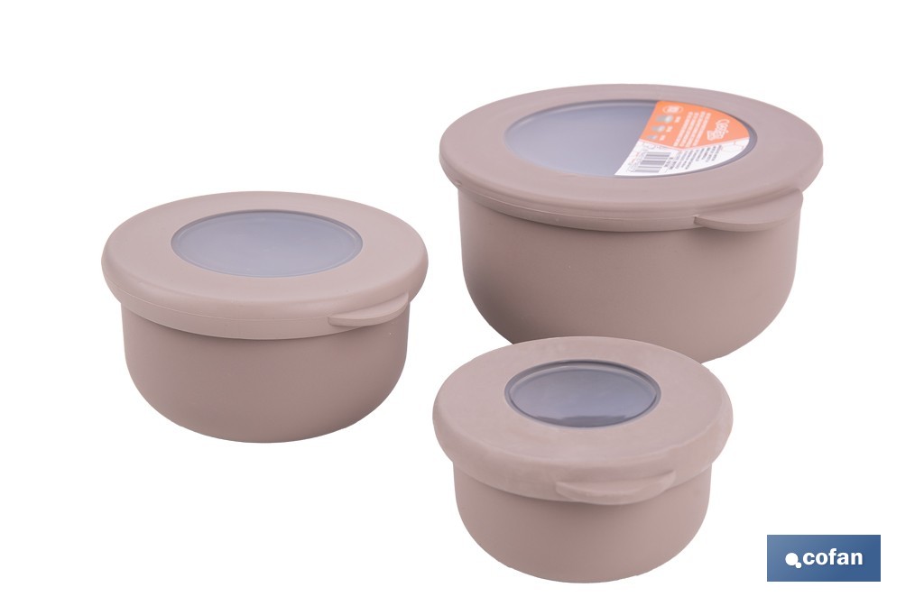 Set of 3 round food containers with lid | Capacity: 100 ml, 250 ml, 500 ml | Material: PP + TPE | Assorted colours: grey, brown or white - Cofan